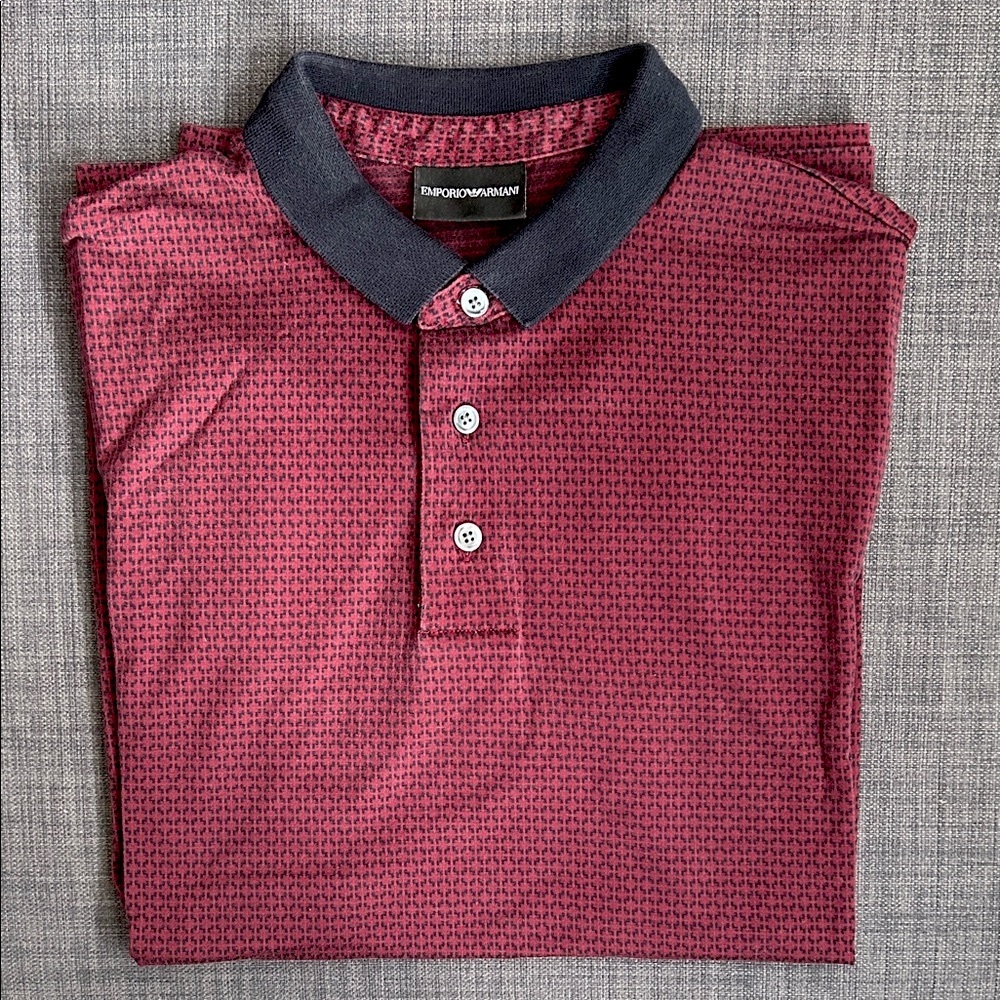 Emporio Armani Men's Patterned Polo Shirt in Red and Gray